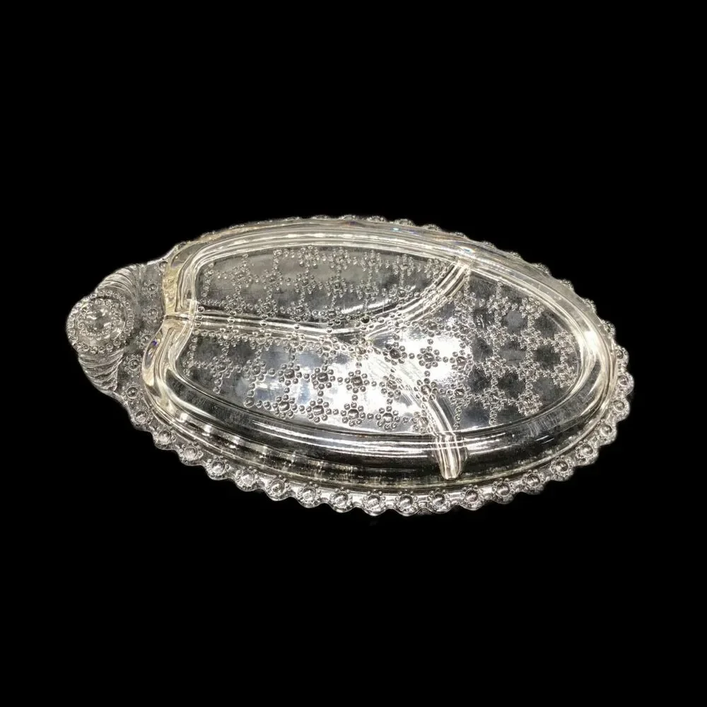 Mid Century Pressed Glass Divided Relish Tray Dish Daisy Chain Beaded Block